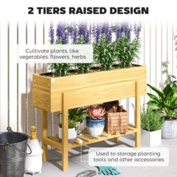 OUTSUNNY Wooden Raised Bed w/ Bed Liner, Storage Shelf, Natural Wood Finish - thumbnail 4
