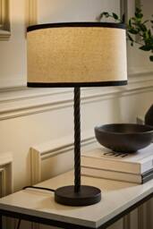 ValueLights Maura Natural Linen Black Trim Drum Shade Matte Black Twist Table Lamp