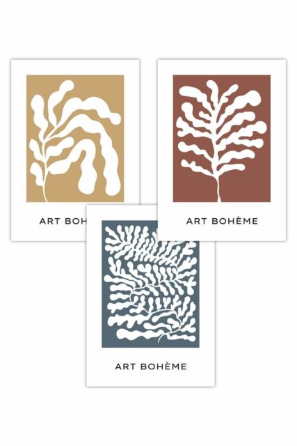 ARTZE Set of 3 Boho Abstract Yellow, Blue, Red Floral Shapes Art Posters in Mid Blue - Size: W42 cm x H59 cm - image 1