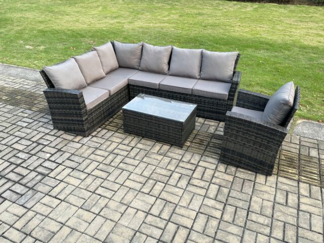 Fimous 7 Seater Rattan Garden Furniture Corner Sofa Set Outdoor Patio Sofa Chair Table Set with Rectangular Coffee Table in Dark Grey - image 1
