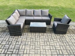 Fimous 7 Seater Rattan Garden Furniture Corner Sofa Set Outdoor Patio Sofa Chair Table Set with Rectangular Coffee Table in Dark Grey - thumbnail 2