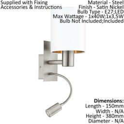 Loops 2 PACK Wall Light Satin Nickel Shade White Copper Fabric E27 LED 1x40W 1x3.5W - thumbnail 2