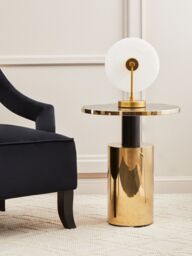 Orsina Black Marble‑Effect Top & Gold‑Base Side Table, Round Tempered Black Marble‑Look Glass Surface in Gold - thumbnail 2