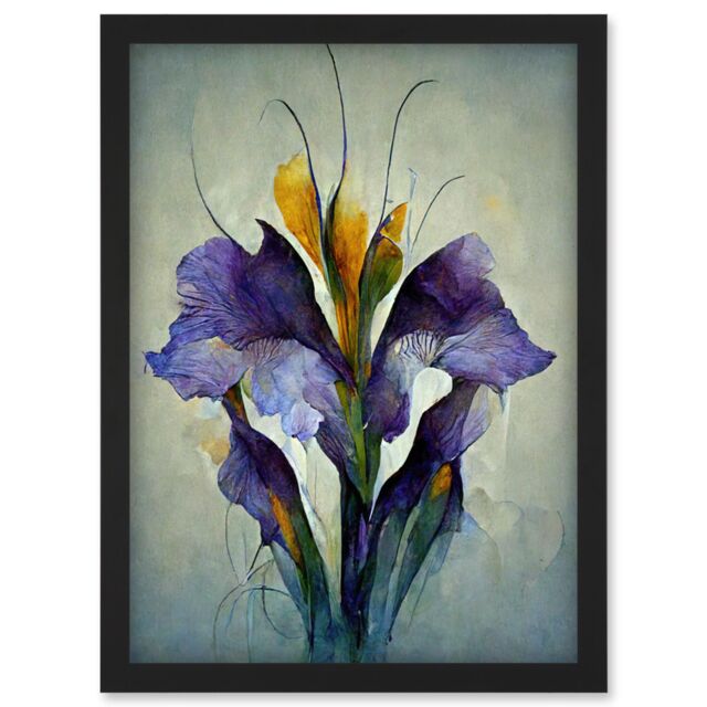 Artery8 Iris Bouquet Modern Watercolour Artwork Framed Wall Art Print A4 in Black - image 1