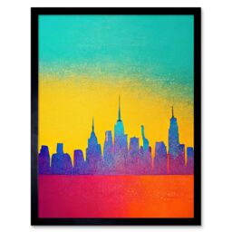 "Artery8 Wall Art Print Bright Colourful Abstract New York Skyline Cityscape Yellow Blue Coral Turquoise Art Framed in Black - Size: W12"" x H16""" - thumbnail 1