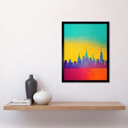 "Artery8 Wall Art Print Bright Colourful Abstract New York Skyline Cityscape Yellow Blue Coral Turquoise Art Framed in Black - Size: W12"" x H16""" - thumbnail 2