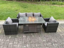 Fimous Pe Wicker 5 Seater Rattan Gas Fire Pit Table Heater Sets Lounge Sofa Chair in Dark Grey - thumbnail 1