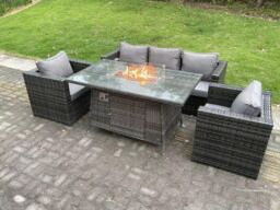 Fimous Pe Wicker 5 Seater Rattan Gas Fire Pit Table Heater Sets Lounge Sofa Chair in Dark Grey - thumbnail 3