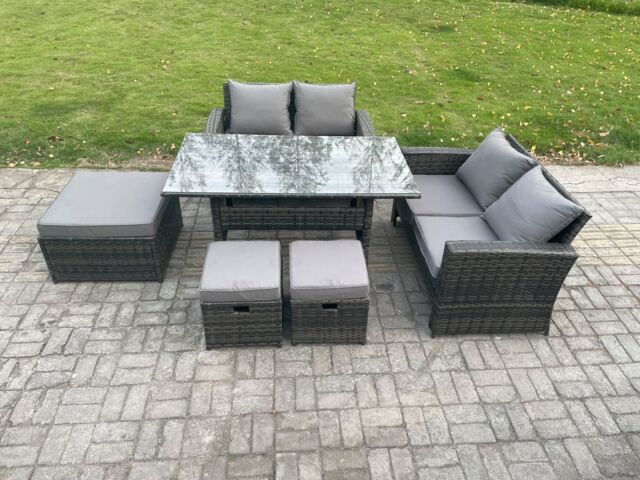 Fimous 7 Seater High Back Outdoor Garden Furniture Rattan Sofa Dining Table Set with 3 Footstools Dark Grey Mixed - image 1