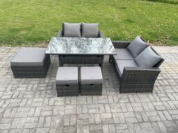 Fimous 7 Seater High Back Outdoor Garden Furniture Rattan Sofa Dining Table Set with 3 Footstools Dark Grey Mixed - thumbnail 1