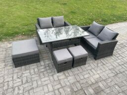 Fimous 7 Seater High Back Outdoor Garden Furniture Rattan Sofa Dining Table Set with 3 Footstools Dark Grey Mixed - thumbnail 2