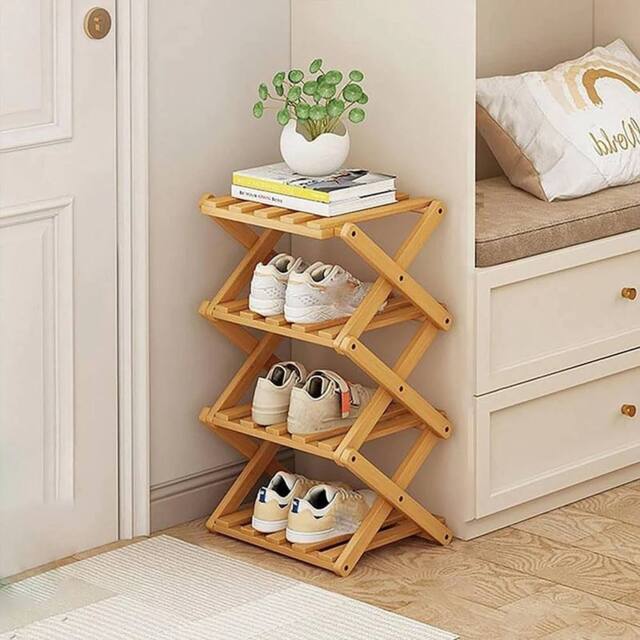 Kelvenix 4-tier shoe rack Foldable Bamboo Shoe Footwear Rack in Brown - Size: 0.6m2 - image 1