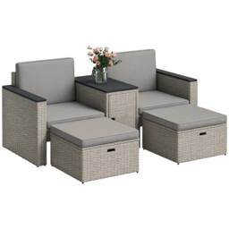 OUTSUNNY 5 Piece Rattan Garden Furniture Set w/ Storage Table, Grey - thumbnail 2