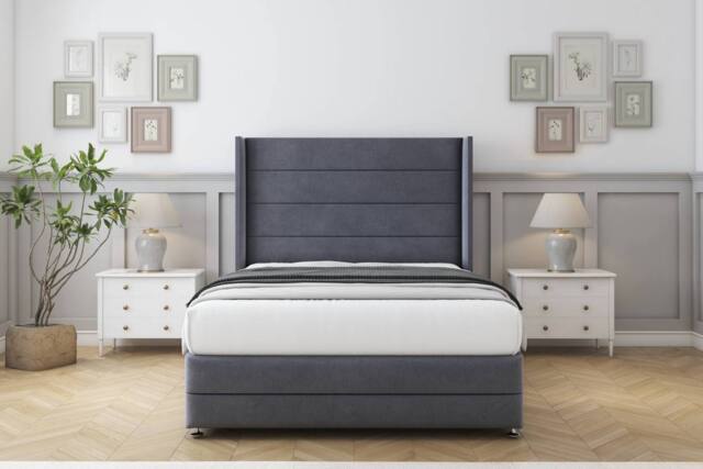 "Comfort Beds Milano Plush Divan Base No Drawers - 54"" Wingback-Footboard in Dark Grey - Size: Super King" - image 1