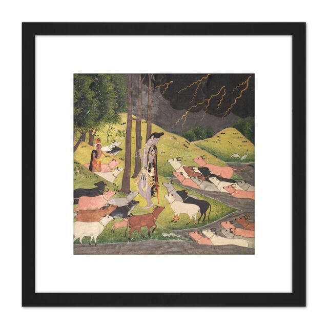 Artery8 Krishna Summoning Cows India 18th Century 8X8 Inch Square Wooden Framed Wall Art Print Picture with Mount in Black - image 1