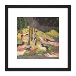 Artery8 Krishna Summoning Cows India 18th Century 8X8 Inch Square Wooden Framed Wall Art Print Picture with Mount in Black - thumbnail 1
