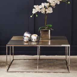 Orsina Black Marble‑Effect Round Coffee Table With Gold Base, Luxe Marbled Glass Top In Gold Pedestal Design in Silver