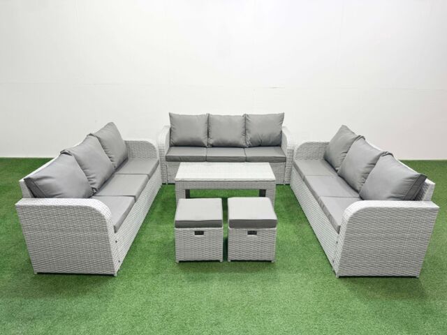 Fimous PE Rattan Lounge Sofa Set 11 Seater Outdoor Garden Furniture Set with Oblong Coffee Table 3 Seater Sofa 2 Stools Light Grey - image 1