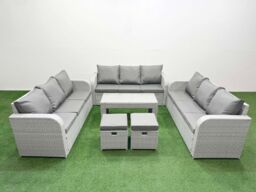 Fimous PE Rattan Lounge Sofa Set 11 Seater Outdoor Garden Furniture Set with Oblong Coffee Table 3 Seater Sofa 2 Stools Light Grey - thumbnail 1