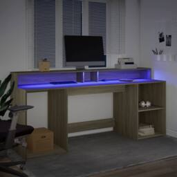 Berkfield Home Desk with LED Lights Sonoma Oak 200x55x91 cm Engineered Wood in Natural - Size: 200 x 55 x 91 cm - thumbnail 5
