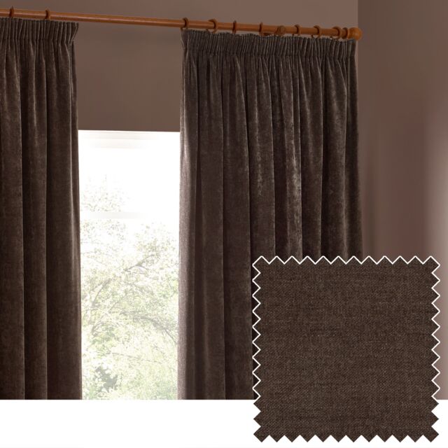 Yard Heavy Chenille Velvet Room Darkening Pencil Pleat Curtain Pair in Brown - Size: 229 cm width x 229 cm drop - image 1