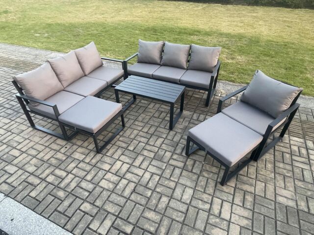 Fimous Aluminium 6 Pieces Garden Furniture Set with Cushions 9 Seater Outdoor Patio Lounge Sofa Set with Armchair 2 Big Footstools in Dark Grey - image 1