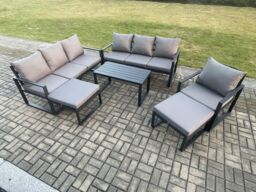 Fimous Aluminium 6 Pieces Garden Furniture Set with Cushions 9 Seater Outdoor Patio Lounge Sofa Set with Armchair 2 Big Footstools in Dark Grey - thumbnail 1