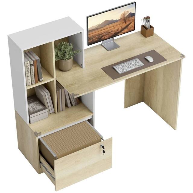 NESTLUNE Computer Desk with Lockable File Drawers, Oak Wood Effect in Natural - Size: 100 cm x 15 cm - image 1