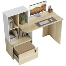 NESTLUNE Computer Desk with Lockable File Drawers, Oak Wood Effect in Natural - Size: 100 cm x 15 cm