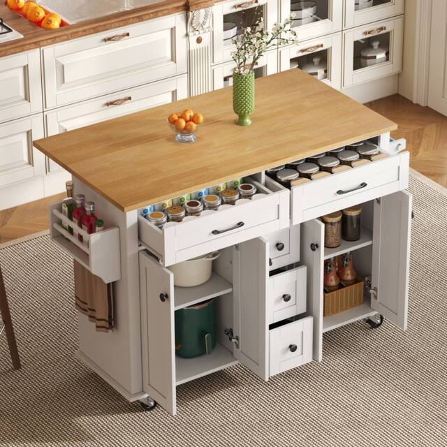 BTM Kitchen Island on Wheels Drop Leaf Trolley Storage Drawers Rack in White - image 1