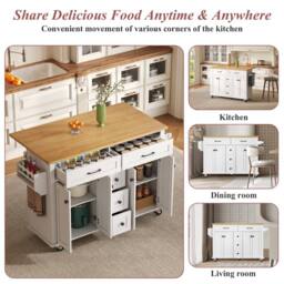 BTM Kitchen Island on Wheels Drop Leaf Trolley Storage Drawers Rack in White - thumbnail 3
