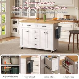BTM Kitchen Island on Wheels Drop Leaf Trolley Storage Drawers Rack in White - thumbnail 4