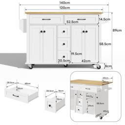 BTM Kitchen Island on Wheels Drop Leaf Trolley Storage Drawers Rack in White - thumbnail 6