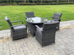 Fimous Outdoor Rattan Garden Furniture Dining Set Table & Chair Set Wicker Patio 4 Chairs Plus Round Table in Dark Grey - thumbnail 4
