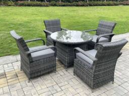 Fimous Outdoor Rattan Garden Furniture Dining Set Table & Chair Set Wicker Patio 4 Chairs Plus Round Table in Dark Grey - thumbnail 1