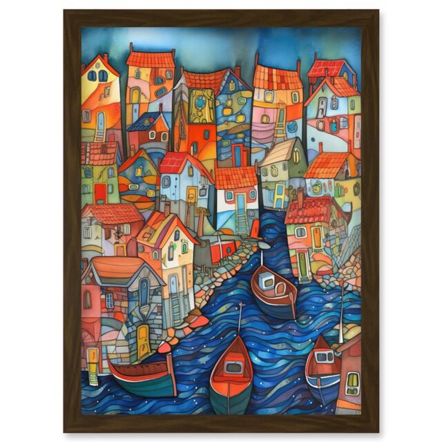 Artery8 Fishing Village Canal Folk Art Watercolour Painting Artwork Framed Wall Art Print A4 in Brown - image 1
