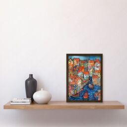 Artery8 Fishing Village Canal Folk Art Watercolour Painting Artwork Framed Wall Art Print A4 in Brown - thumbnail 2
