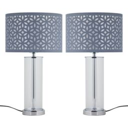 First Choice Lighting Set of 2 Aura - Chrome Table Lamps with Grey Cut Out Shades in Silver - thumbnail 1