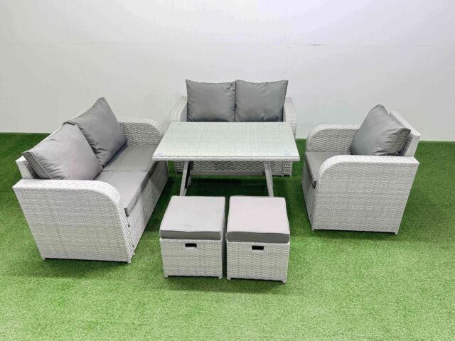 Fimous 7 Seater Rattan Garden Furniture Set Love Sofa Reclining Chair Set in Light Grey - image 1