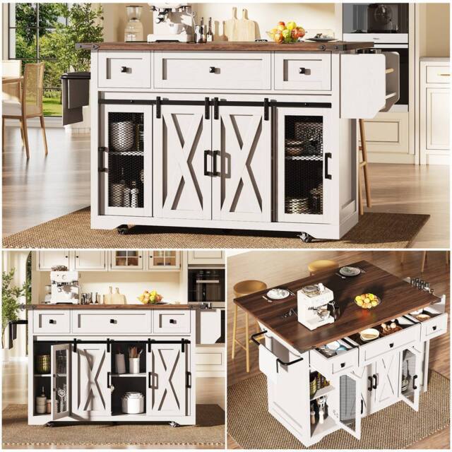 BTM Kitchen Island Trolley Extendable Worktop Power Outlet Storage in White - image 1