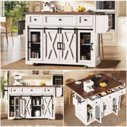 BTM Kitchen Island Trolley Extendable Worktop Power Outlet Storage in White - thumbnail 1