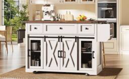 BTM Kitchen Island Trolley Extendable Worktop Power Outlet Storage in White - thumbnail 8
