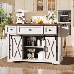 BTM Kitchen Island Trolley Extendable Worktop Power Outlet Storage in White - thumbnail 2