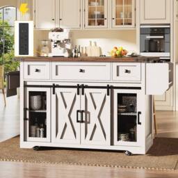 BTM Kitchen Island Trolley Extendable Worktop Power Outlet Storage in White - thumbnail 3