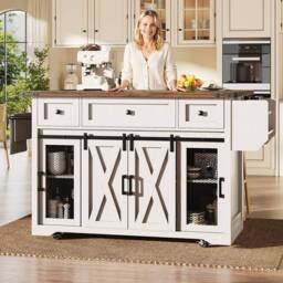 BTM Kitchen Island Trolley Extendable Worktop Power Outlet Storage in White - thumbnail 7
