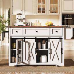 BTM Kitchen Island Trolley Extendable Worktop Power Outlet Storage in White - thumbnail 4