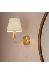 Netlighting Conway Classic Wall Lamp Satin Brass with Ivory Tapered Shade & Pull Cord Switch IP44 in Gold - thumbnail 2