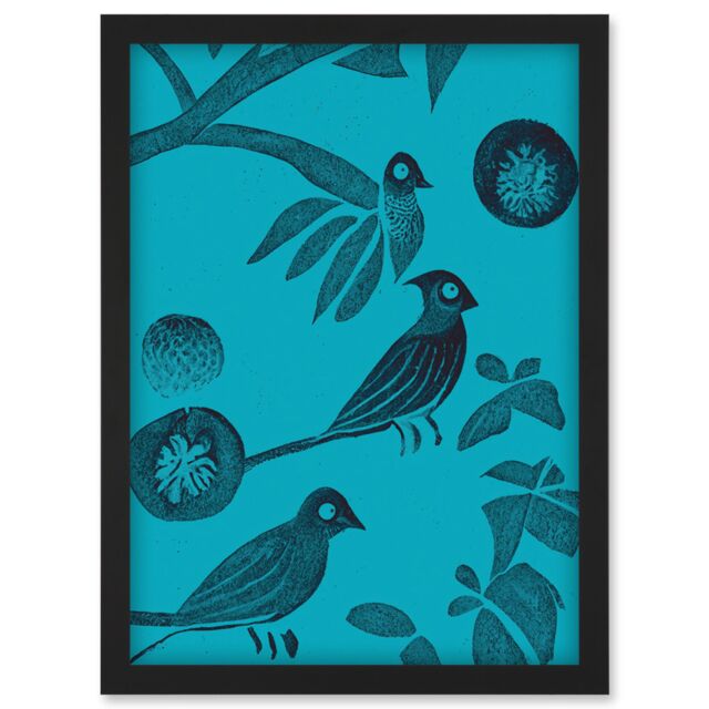 Artery8 Linocut Vintage Blue Birds Jungle Pattern Illustration Teal Artwork Framed Wall Art Print A4 in Black - image 1