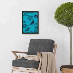 Artery8 Linocut Vintage Blue Birds Jungle Pattern Illustration Teal Artwork Framed Wall Art Print A4 in Black - thumbnail 2