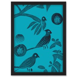 Artery8 Linocut Vintage Blue Birds Jungle Pattern Illustration Teal Artwork Framed Wall Art Print A4 in Black - thumbnail 1